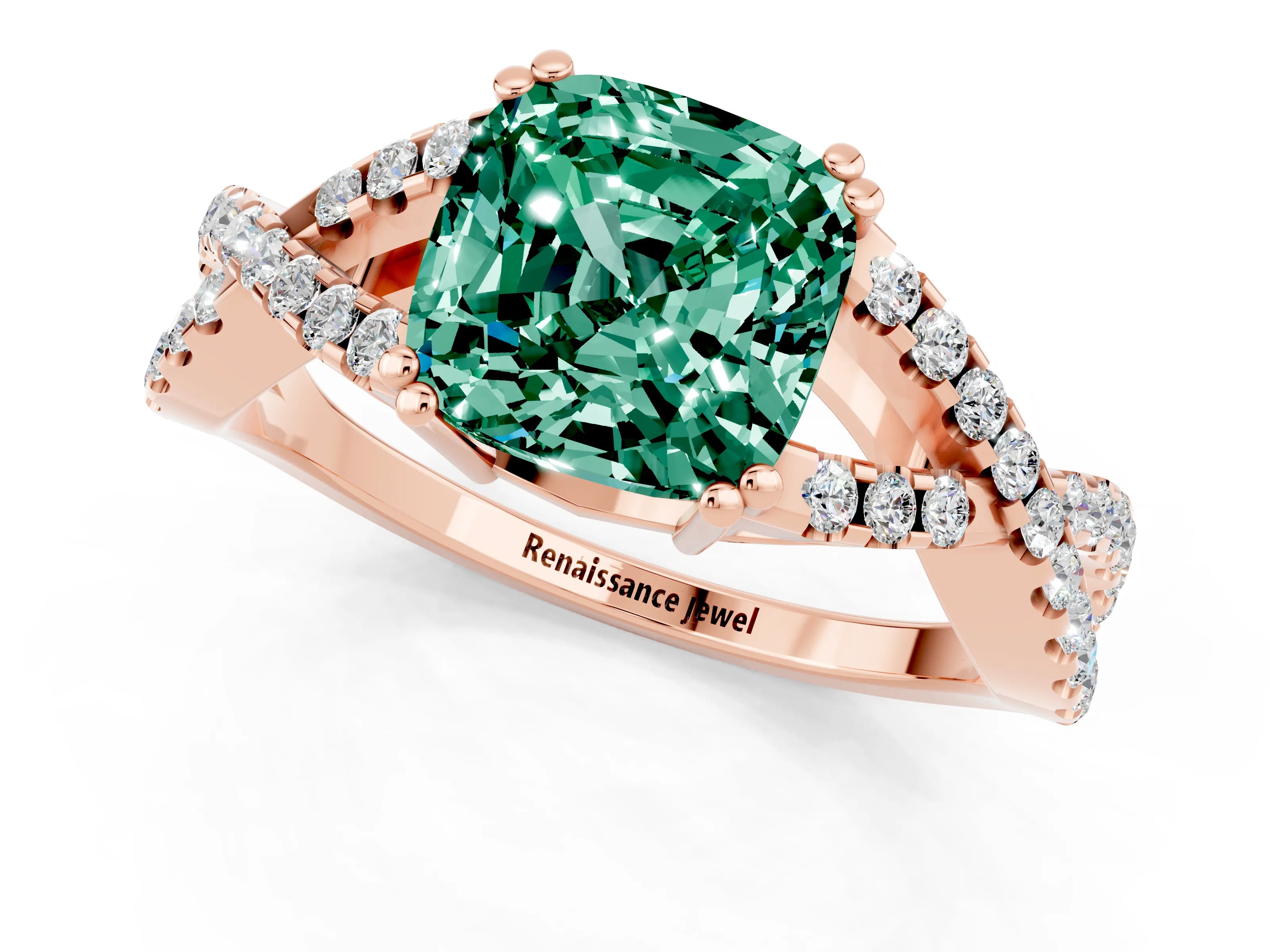 Rose gold Cushion Cut Green Sapphire Solitaire Ring with Four-Prong Setting and Twisted Pavé Band_1