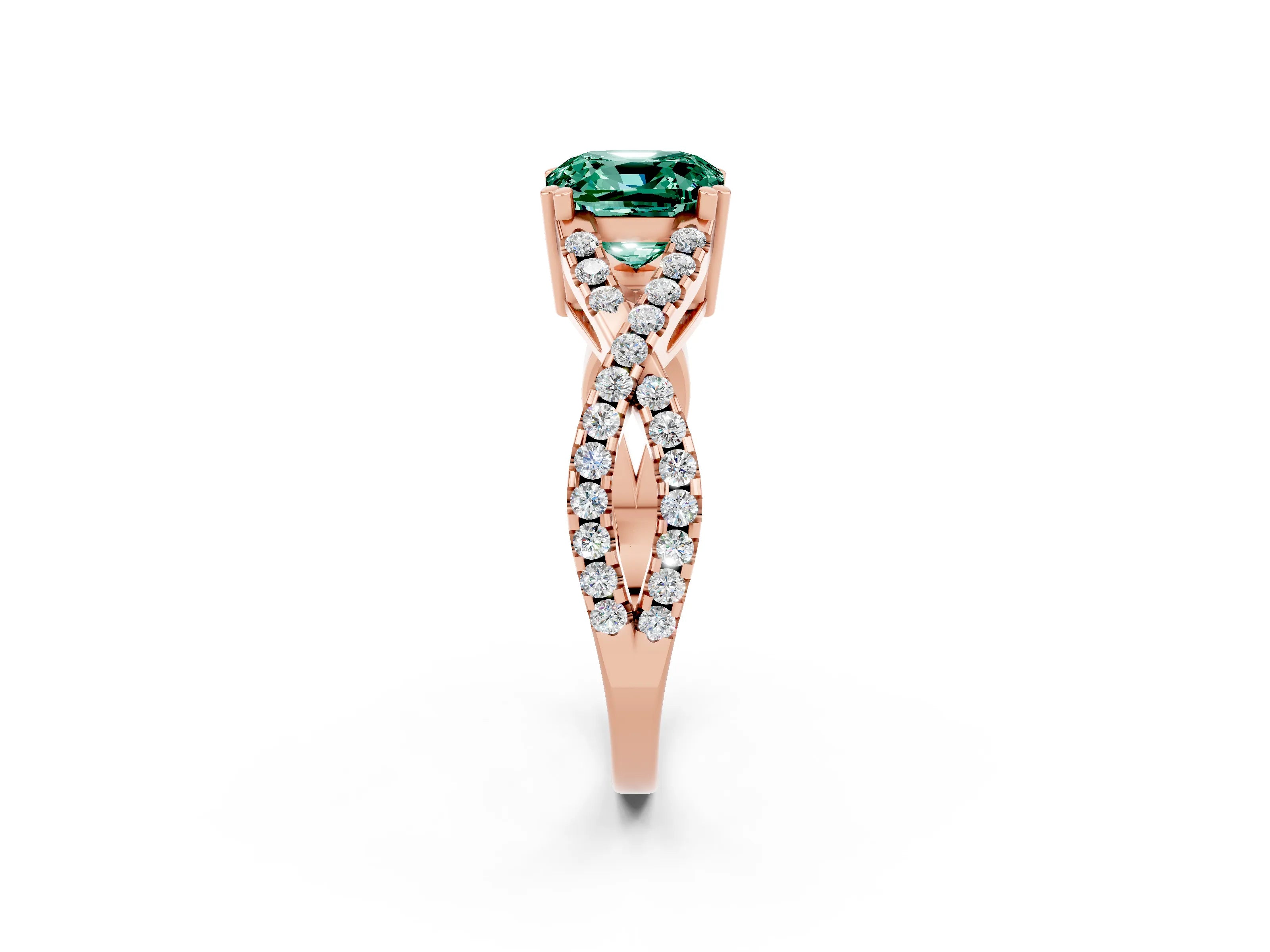 Rose gold Cushion Cut Green Sapphire Solitaire Ring with Four-Prong Setting and Twisted Pavé Band_2