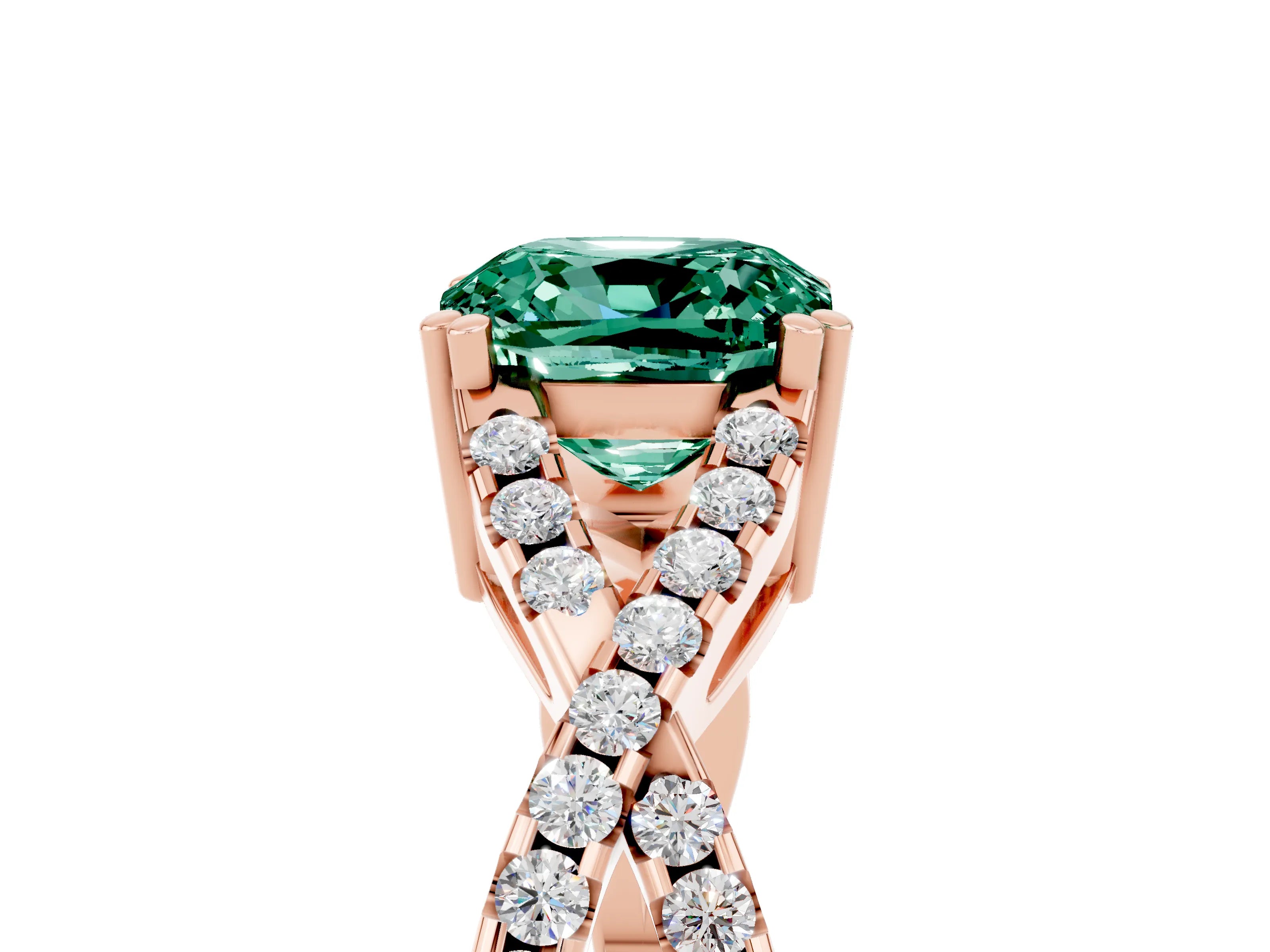 Rose gold Cushion Cut Green Sapphire Solitaire Ring with Four-Prong Setting and Twisted Pavé Band_5