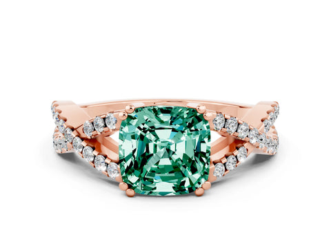 Rose gold Cushion Cut Green Sapphire Solitaire Ring with Four-Prong Setting and Twisted Pavé Band