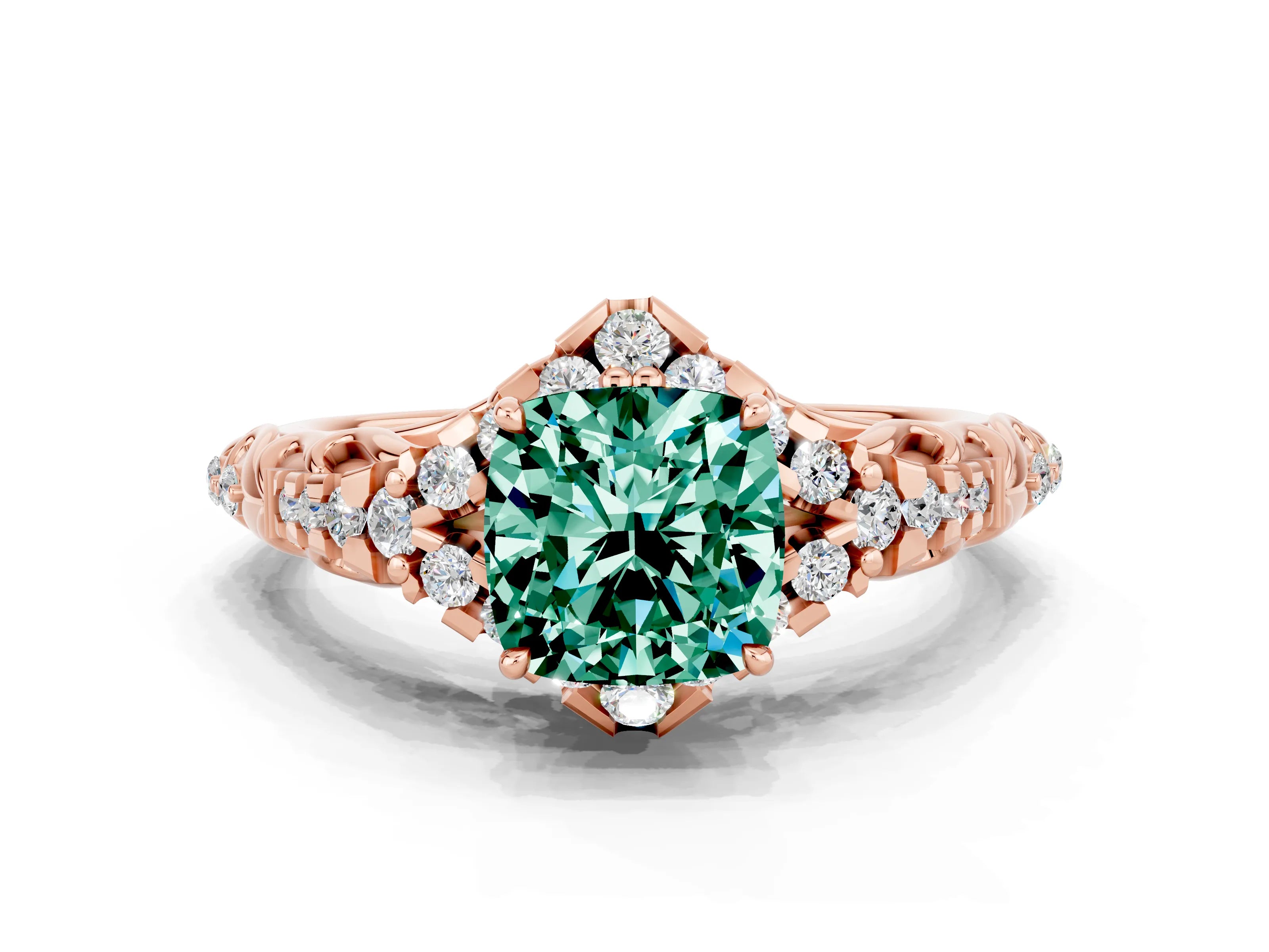 Rose gold Cushion Cut Green Sapphire Solitaire Ring with Hidden Halo and Pavé Band_12