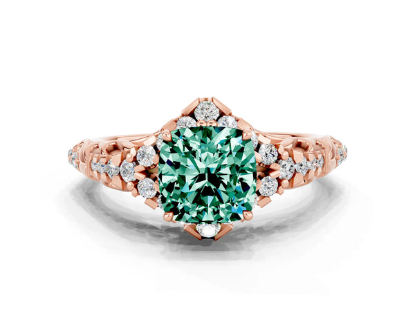 Rose gold Cushion Cut Green Sapphire Solitaire Ring with Hidden Halo and Pavé Band
