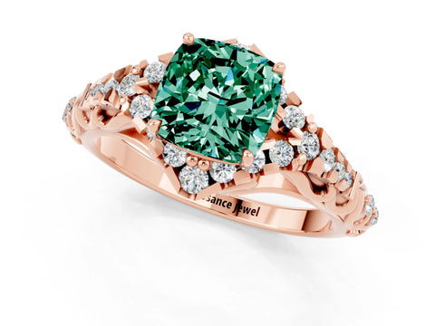 Rose gold Cushion Cut Green Sapphire Solitaire Ring with Hidden Halo and Pavé Band_13
