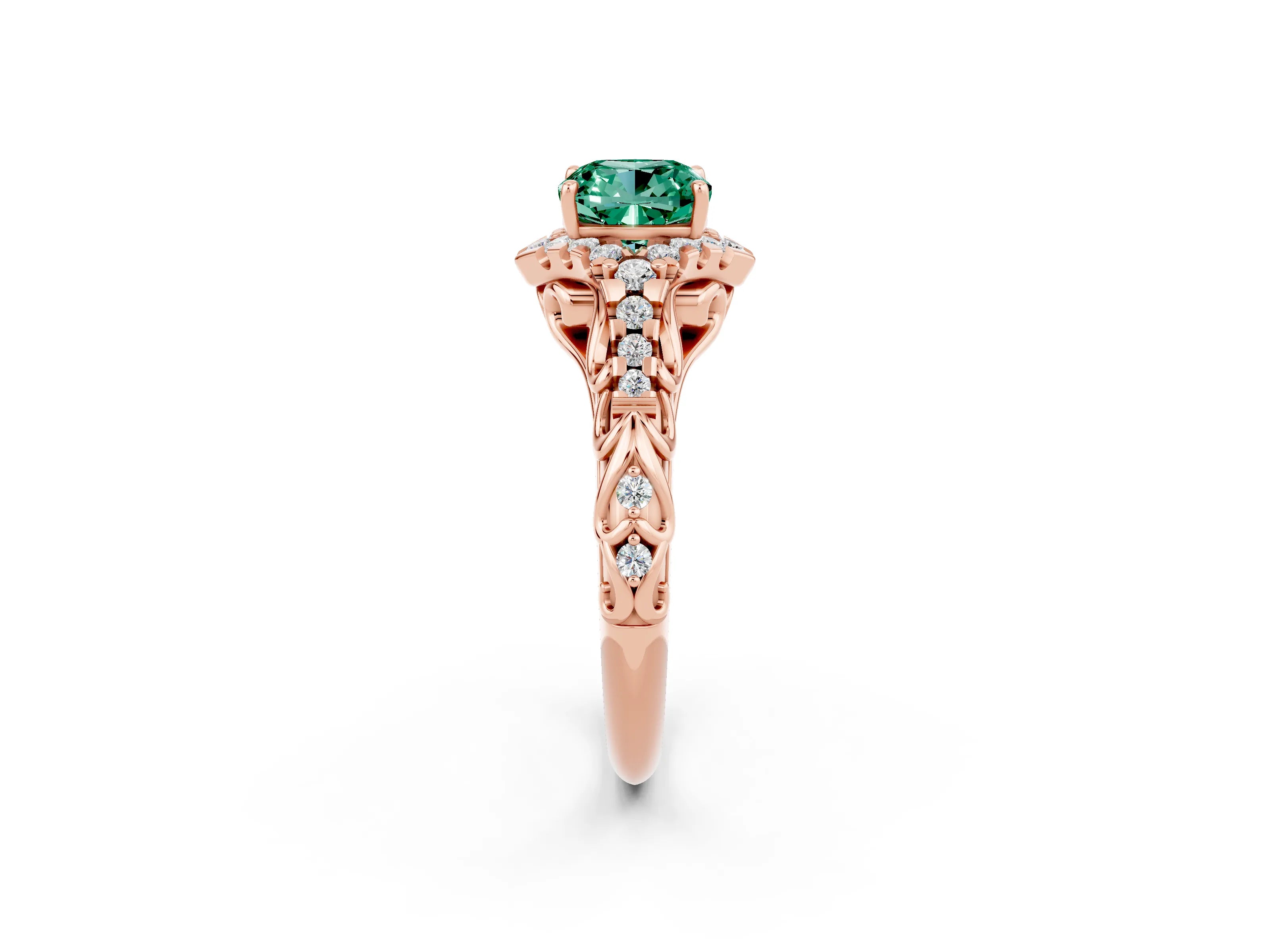 Rose gold Cushion Cut Green Sapphire Solitaire Ring with Hidden Halo and Pavé Band_14