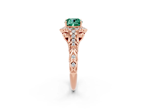 Rose gold Cushion Cut Green Sapphire Solitaire Ring with Hidden Halo and Pavé Band