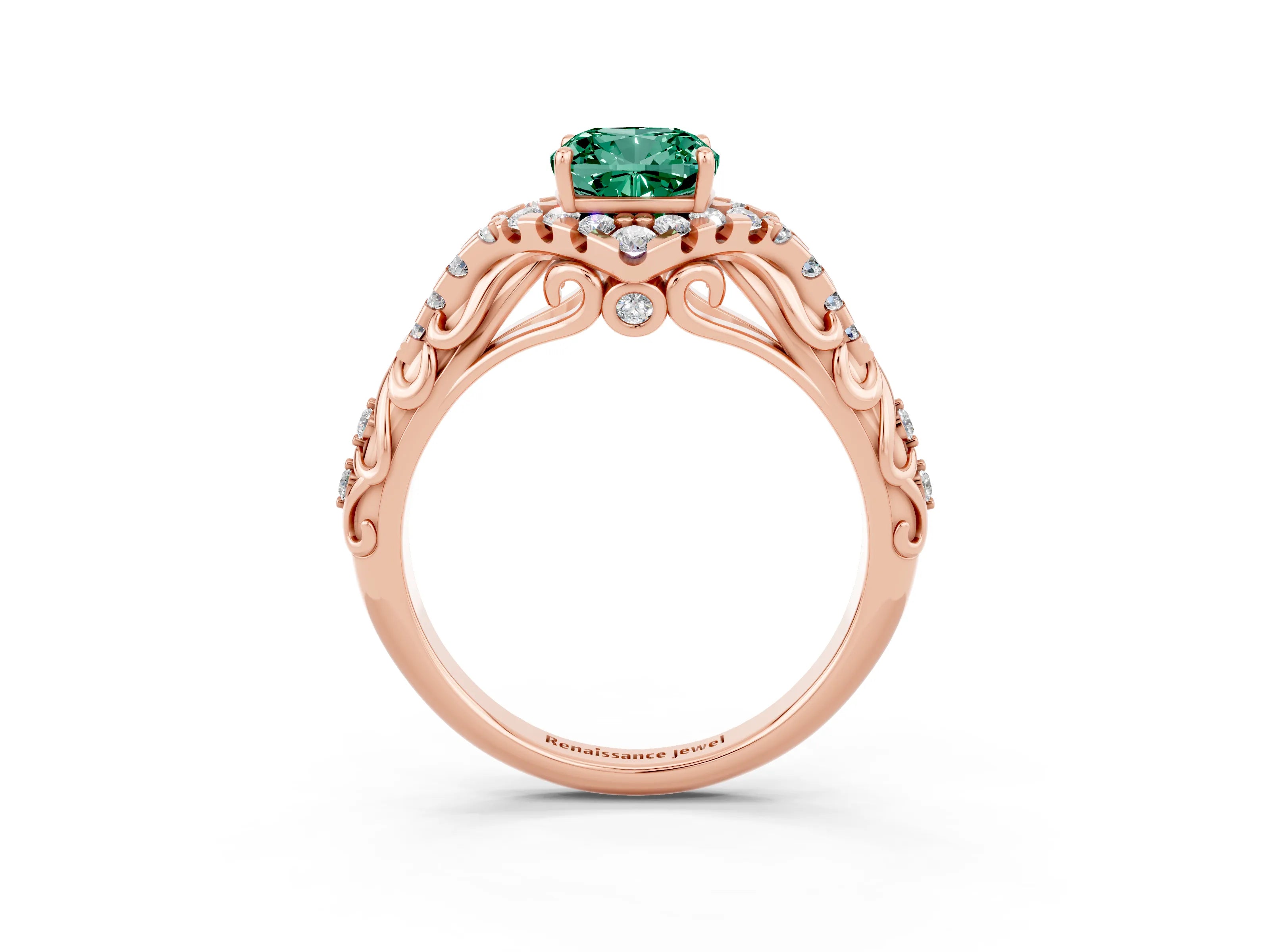 Rose gold Cushion Cut Green Sapphire Solitaire Ring with Hidden Halo and Pavé Band_15