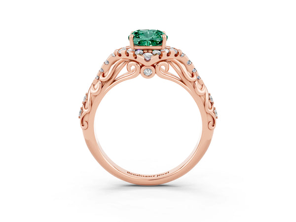 Rose gold Cushion Cut Green Sapphire Solitaire Ring with Hidden Halo and Pavé Band