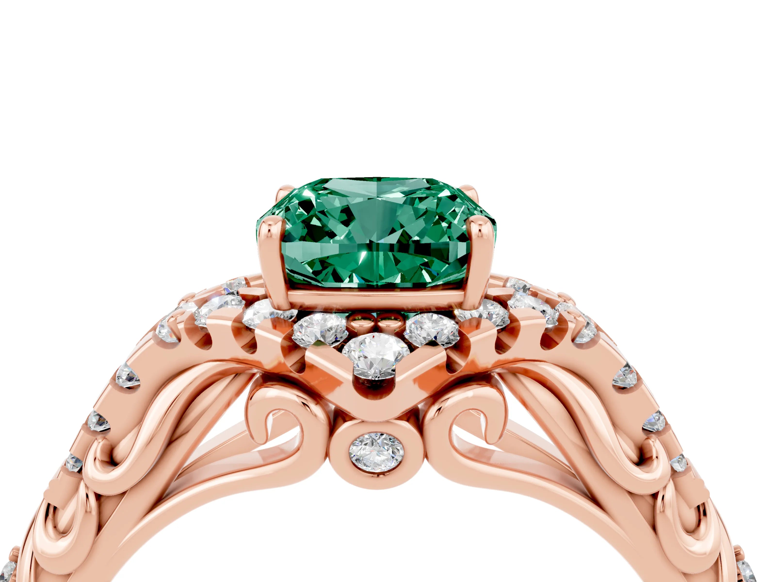 Rose gold Cushion Cut Green Sapphire Solitaire Ring with Hidden Halo and Pavé Band_16