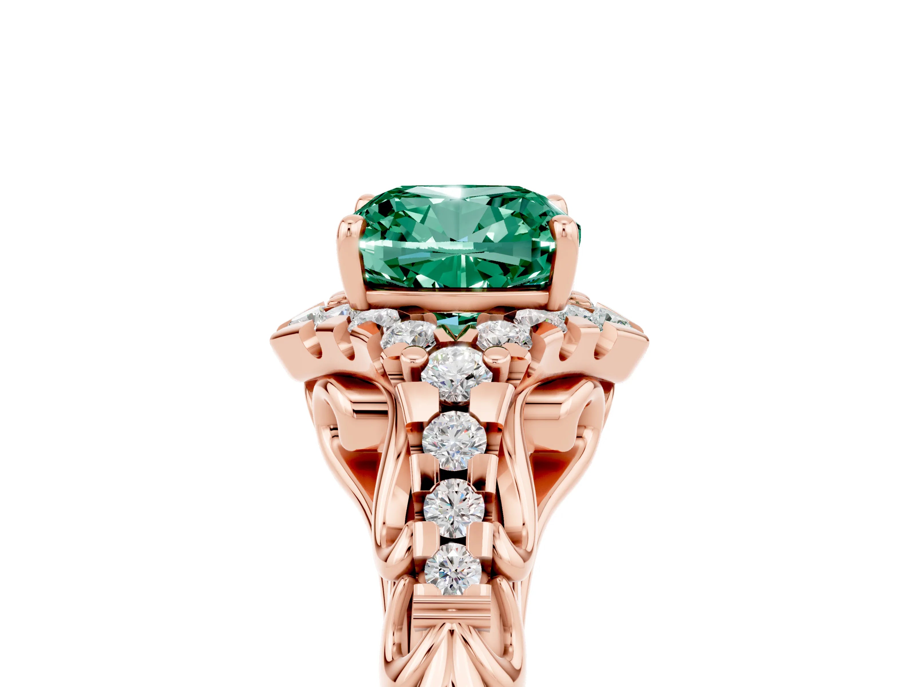 Rose gold Cushion Cut Green Sapphire Solitaire Ring with Hidden Halo and Pavé Band_17