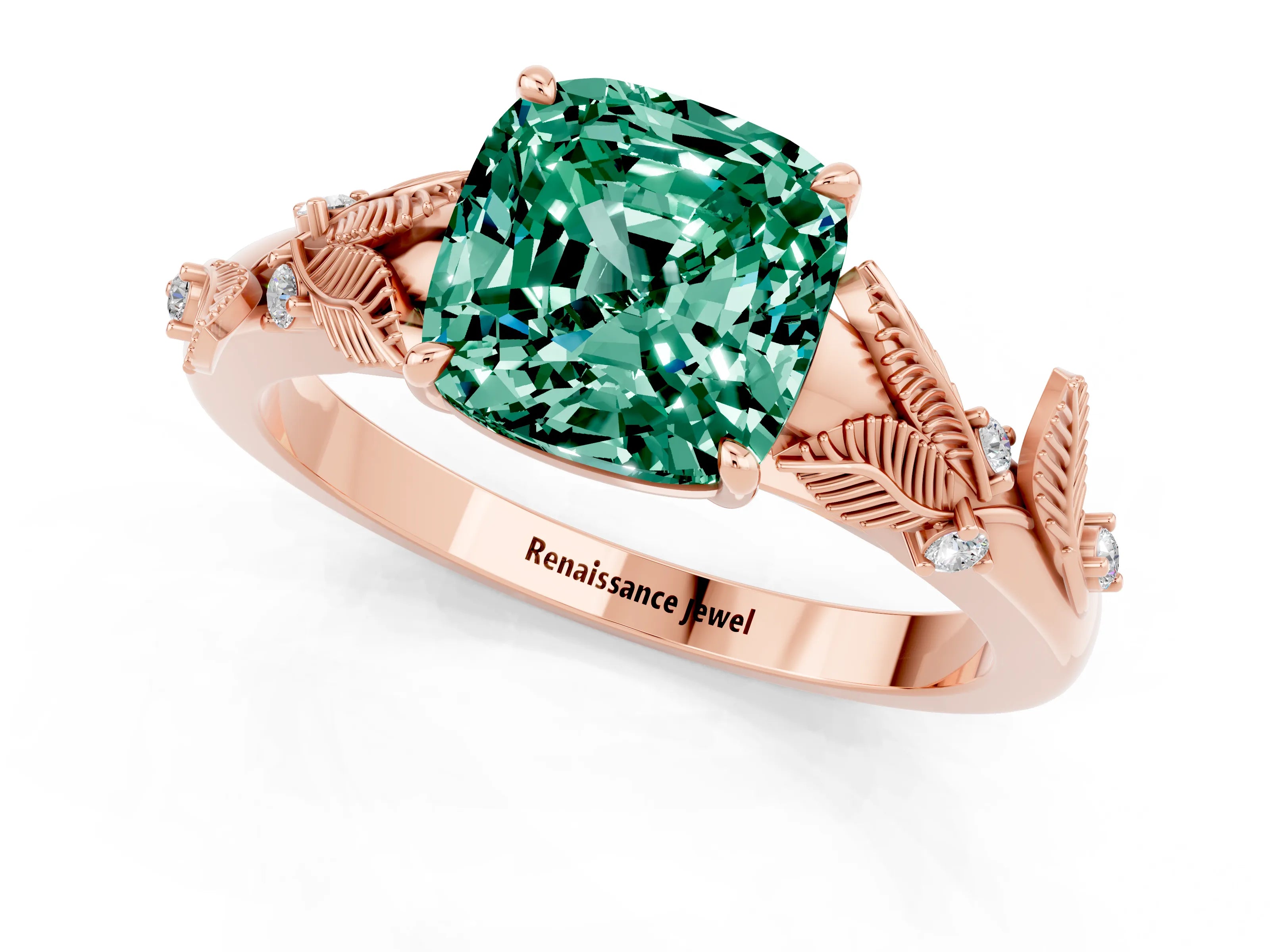 Rose gold Cushion Cut Green Sapphire Solitaire Ring with Leaf Motif Band and Four-Prong Setting_1