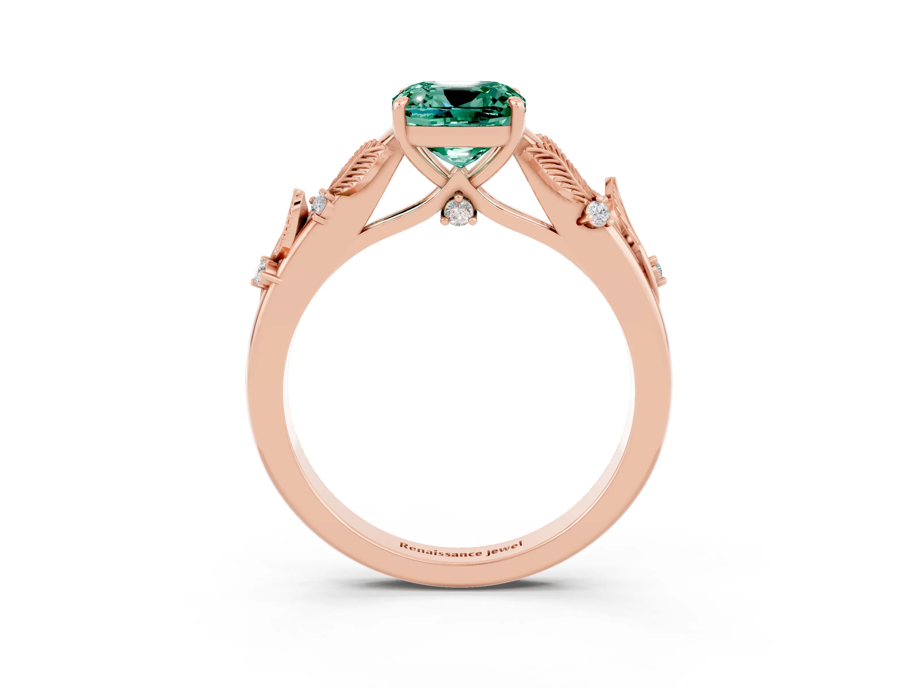 Rose gold Cushion Cut Green Sapphire Solitaire Ring with Leaf Motif Band and Four-Prong Setting_3