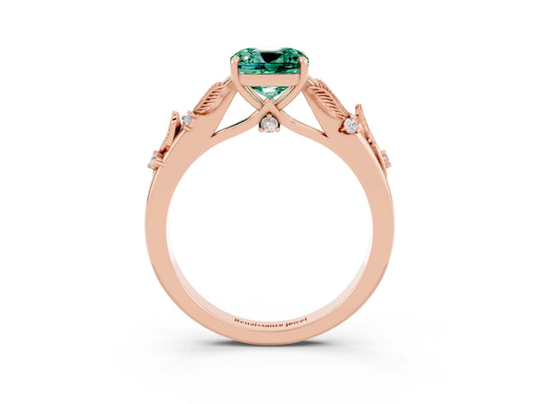 Rose gold Cushion Cut Green Sapphire Solitaire Ring with Leaf Motif Band and Four-Prong Setting
