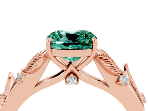 Rose gold Cushion Cut Green Sapphire Solitaire Ring with Leaf Motif Band and Four-Prong Setting_4