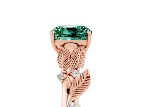 Rose gold Cushion Cut Green Sapphire Solitaire Ring with Leaf Motif Band and Four-Prong Setting_5
