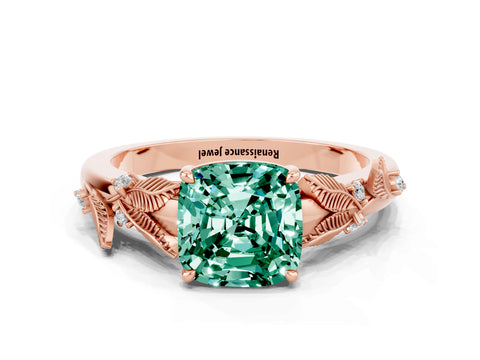 Rose gold Cushion Cut Green Sapphire Solitaire Ring with Leaf Motif Band and Four-Prong Setting