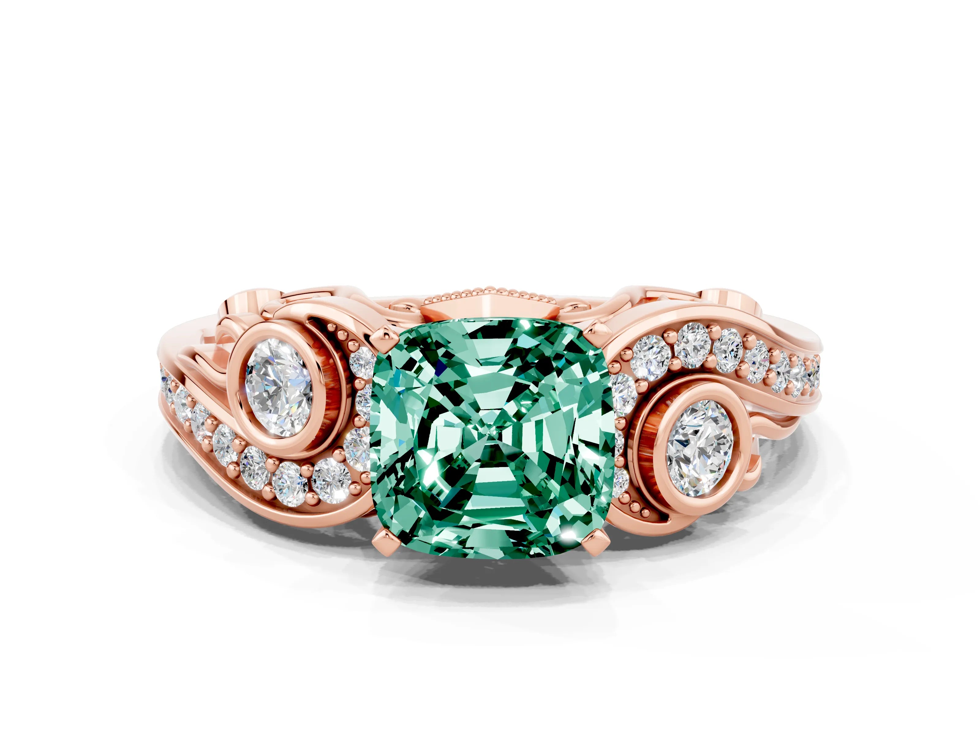 Rose gold Cushion Cut Green Sapphire Solitaire Ring with Milgrain Pavé Band and Four-Prong Setting_24