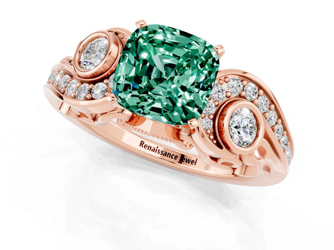 Rose gold Cushion Cut Green Sapphire Solitaire Ring with Milgrain Pavé Band and Four-Prong Setting_25