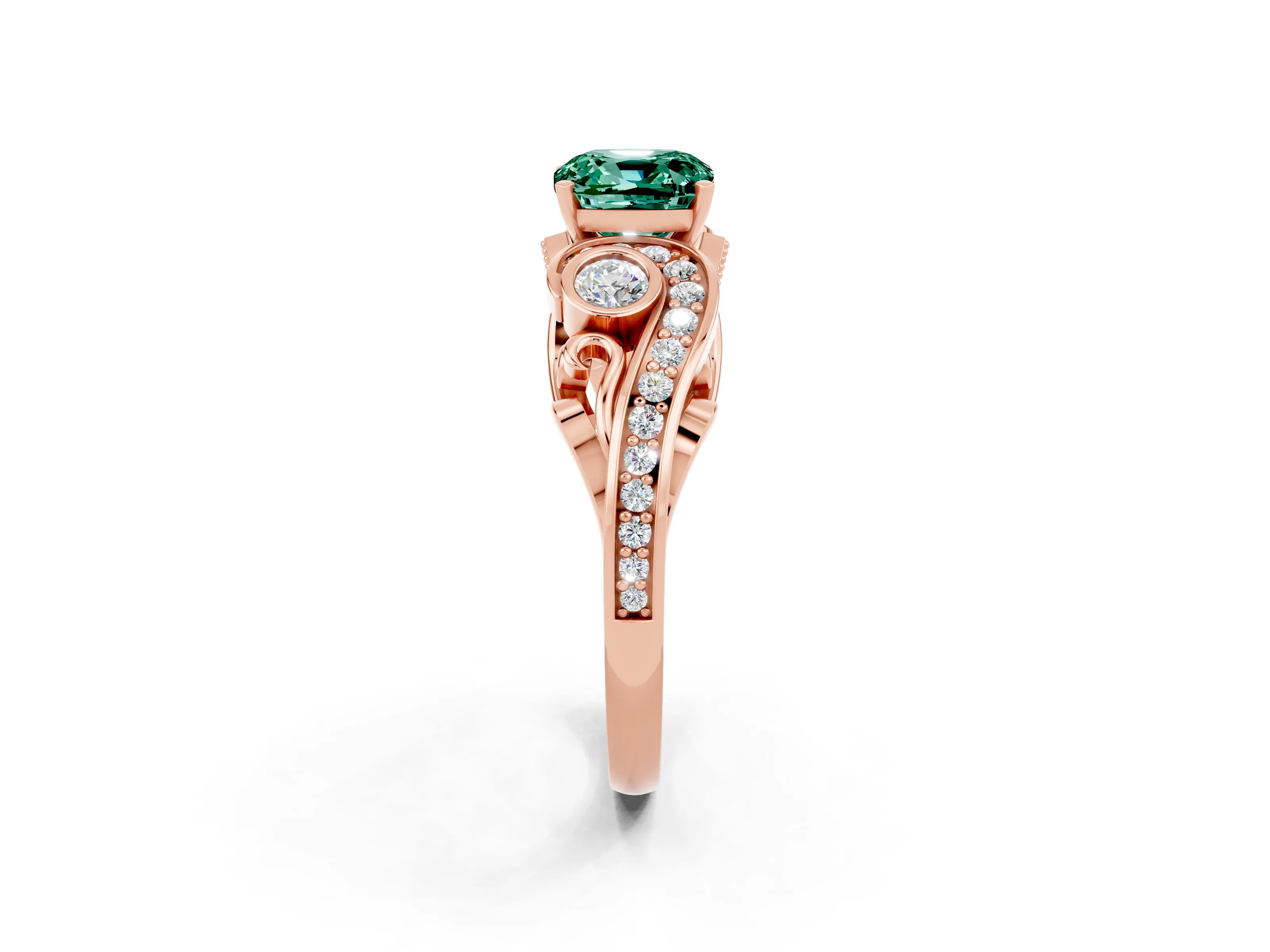 Rose gold Cushion Cut Green Sapphire Solitaire Ring with Milgrain Pavé Band and Four-Prong Setting_26