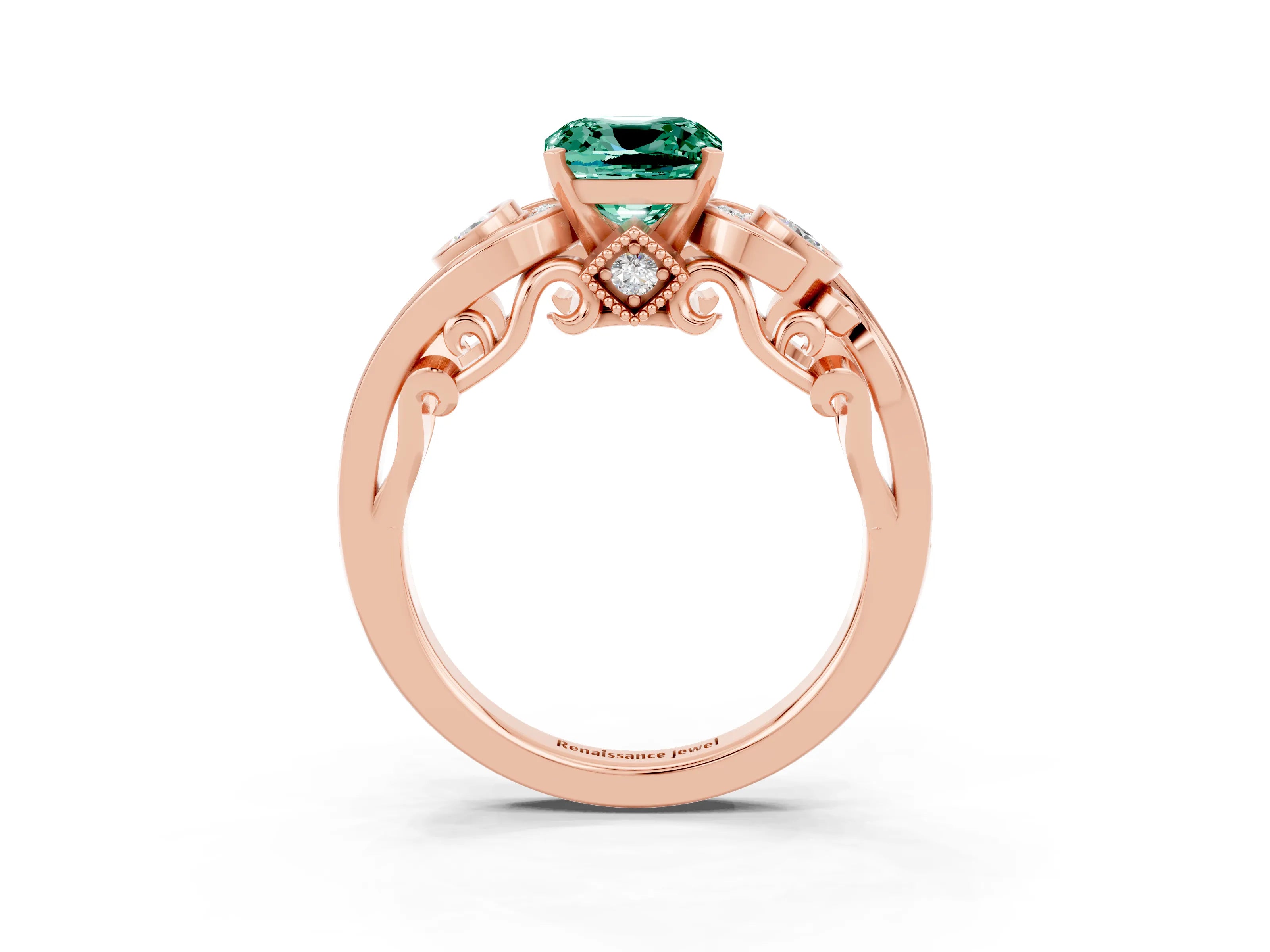 Rose gold Cushion Cut Green Sapphire Solitaire Ring with Milgrain Pavé Band and Four-Prong Setting_27