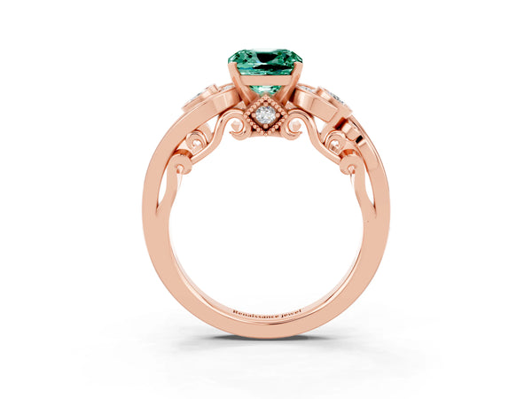 Rose gold Cushion Cut Green Sapphire Solitaire Ring with Milgrain Pavé Band and Four-Prong Setting