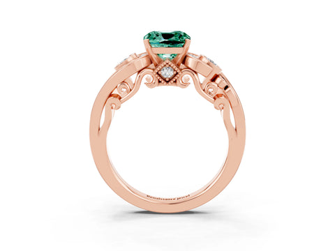 Rose gold Cushion Cut Green Sapphire Solitaire Ring with Milgrain Pavé Band and Four-Prong Setting_27
