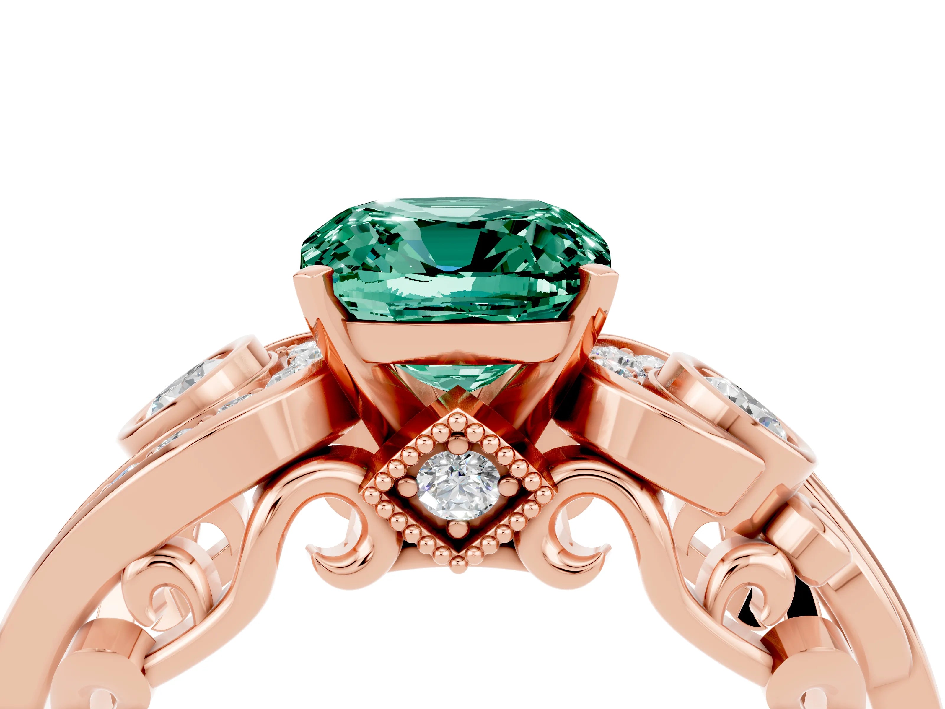 Rose gold Cushion Cut Green Sapphire Solitaire Ring with Milgrain Pavé Band and Four-Prong Setting_28