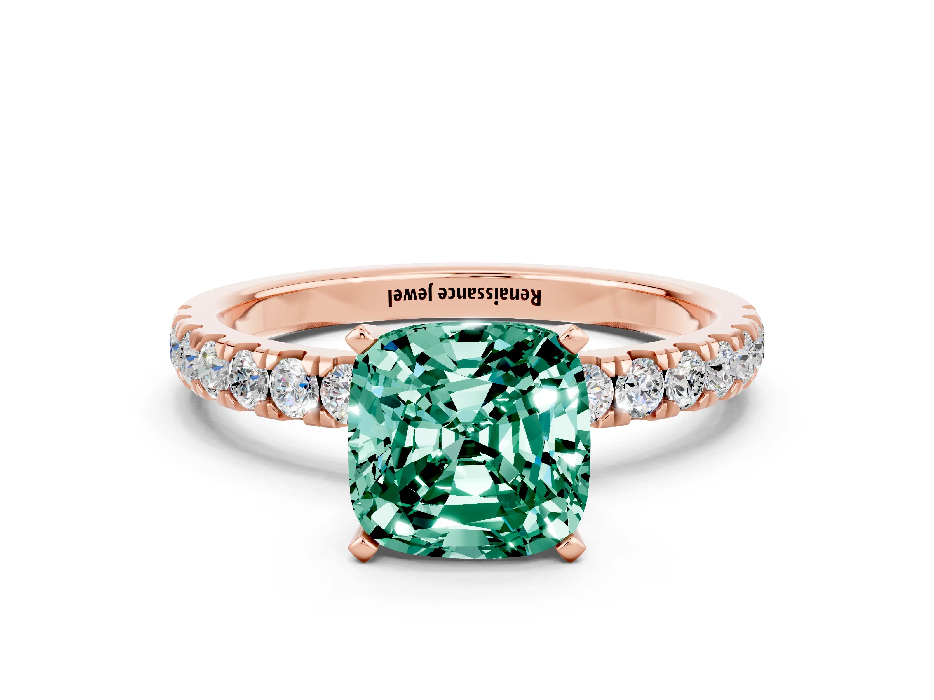 Rose gold Cushion Cut Green Sapphire Solitaire Ring with Pavé Accents and Four-Prong Setting