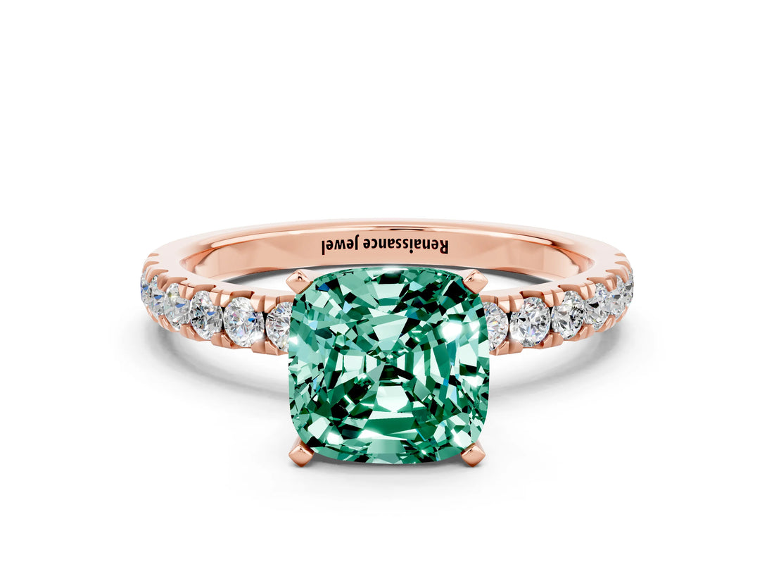 Rose gold Cushion Cut Green Sapphire Solitaire Ring with Pavé Accents and Four-Prong Setting
