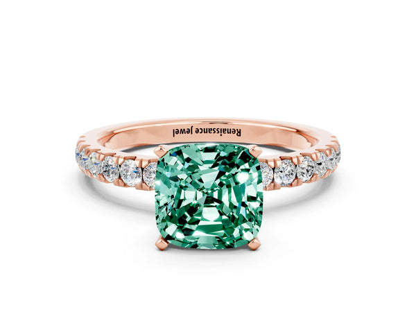 Rose gold Cushion Cut Green Sapphire Solitaire Ring with Pavé Accents and Four-Prong Setting