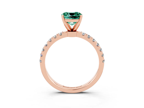 Rose gold Cushion Cut Green Sapphire Solitaire Ring with Pavé Accents and Four-Prong Setting