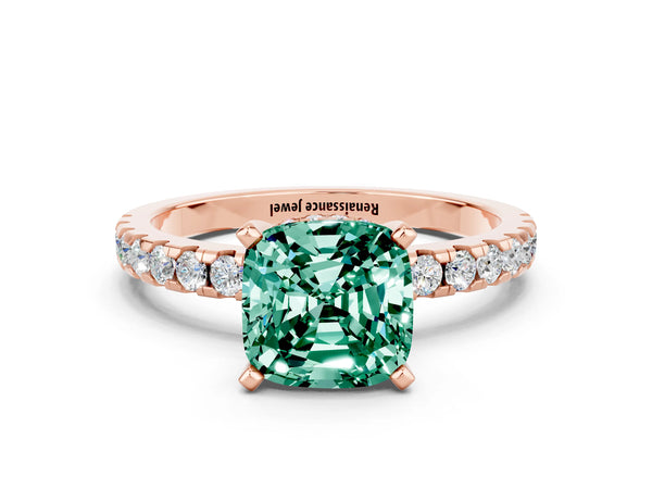 Rose gold Cushion Cut Green Sapphire Solitaire Ring with Round  Pavé Band and Four-Prong Setting