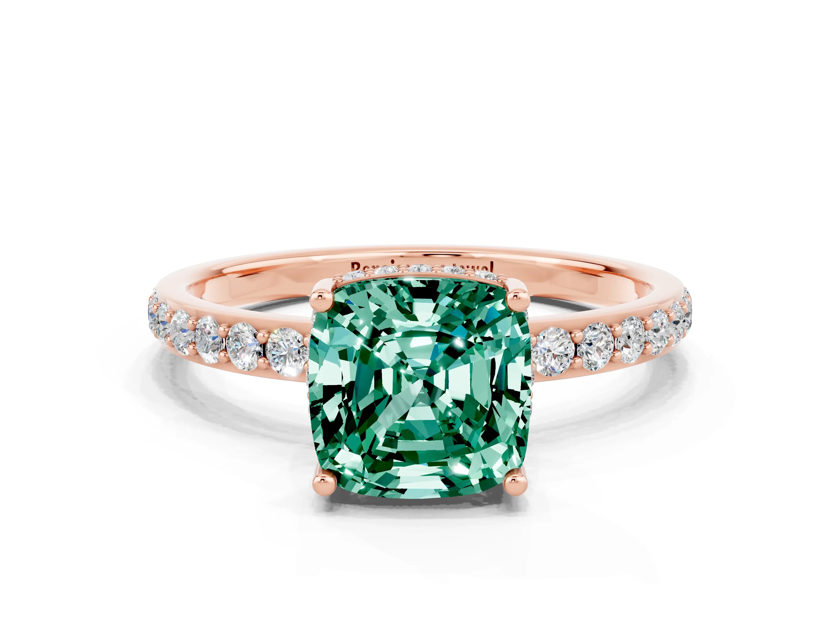 Rose gold Cushion Cut Green Sapphire Solitaire Ring with Pavé Band and Hidden Halo_12