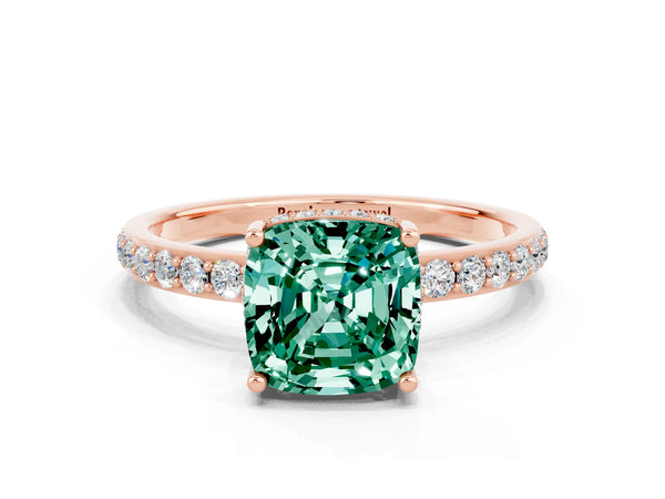 Rose gold Cushion Cut Green Sapphire Solitaire Ring with Pavé Band and Hidden Halo