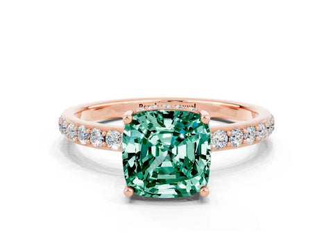 Rose gold Cushion Cut Green Sapphire Solitaire Ring with Pavé Band and Hidden Halo_12