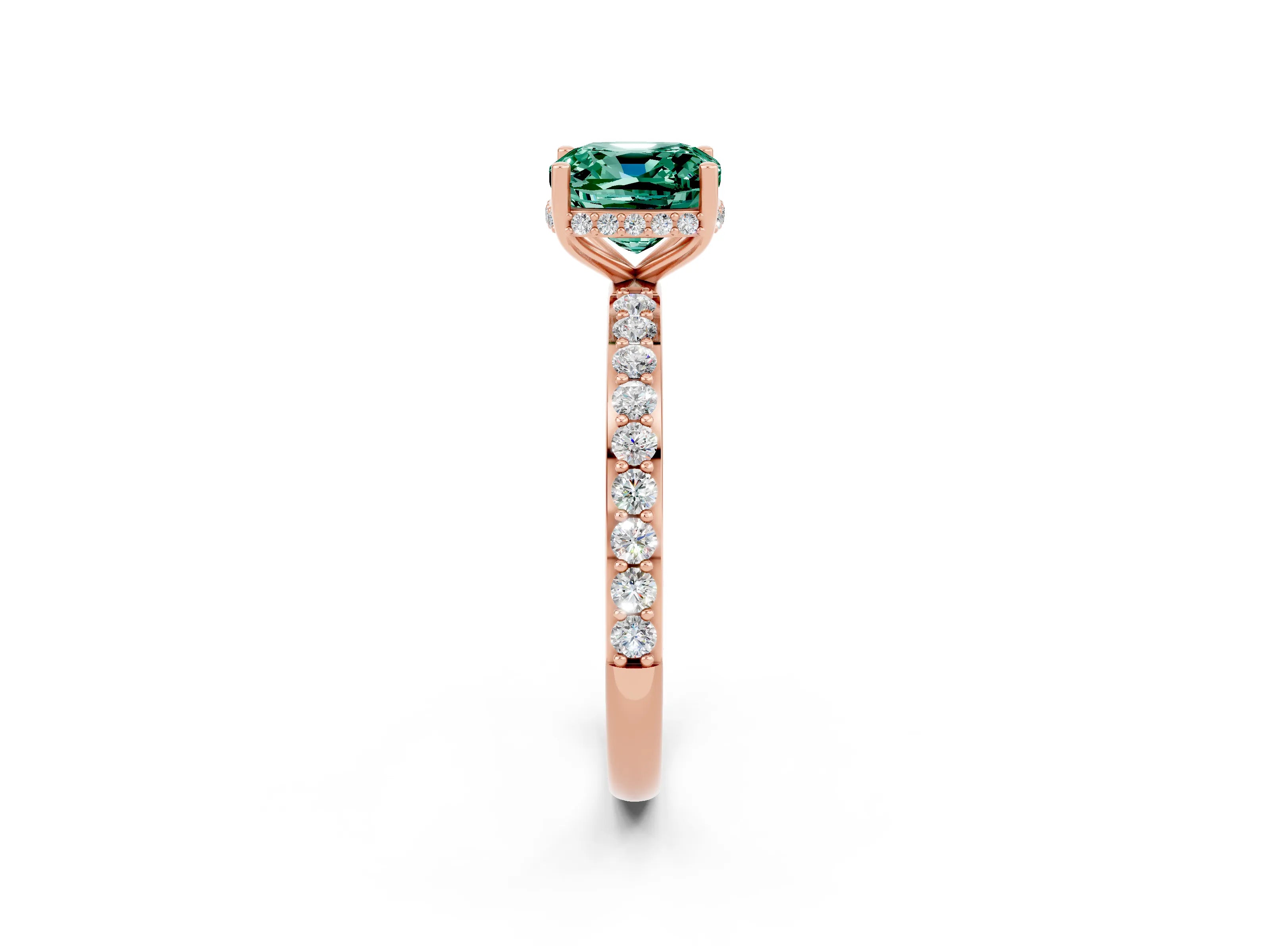 Rose gold Cushion Cut Green Sapphire Solitaire Ring with Pavé Band and Hidden Halo_14