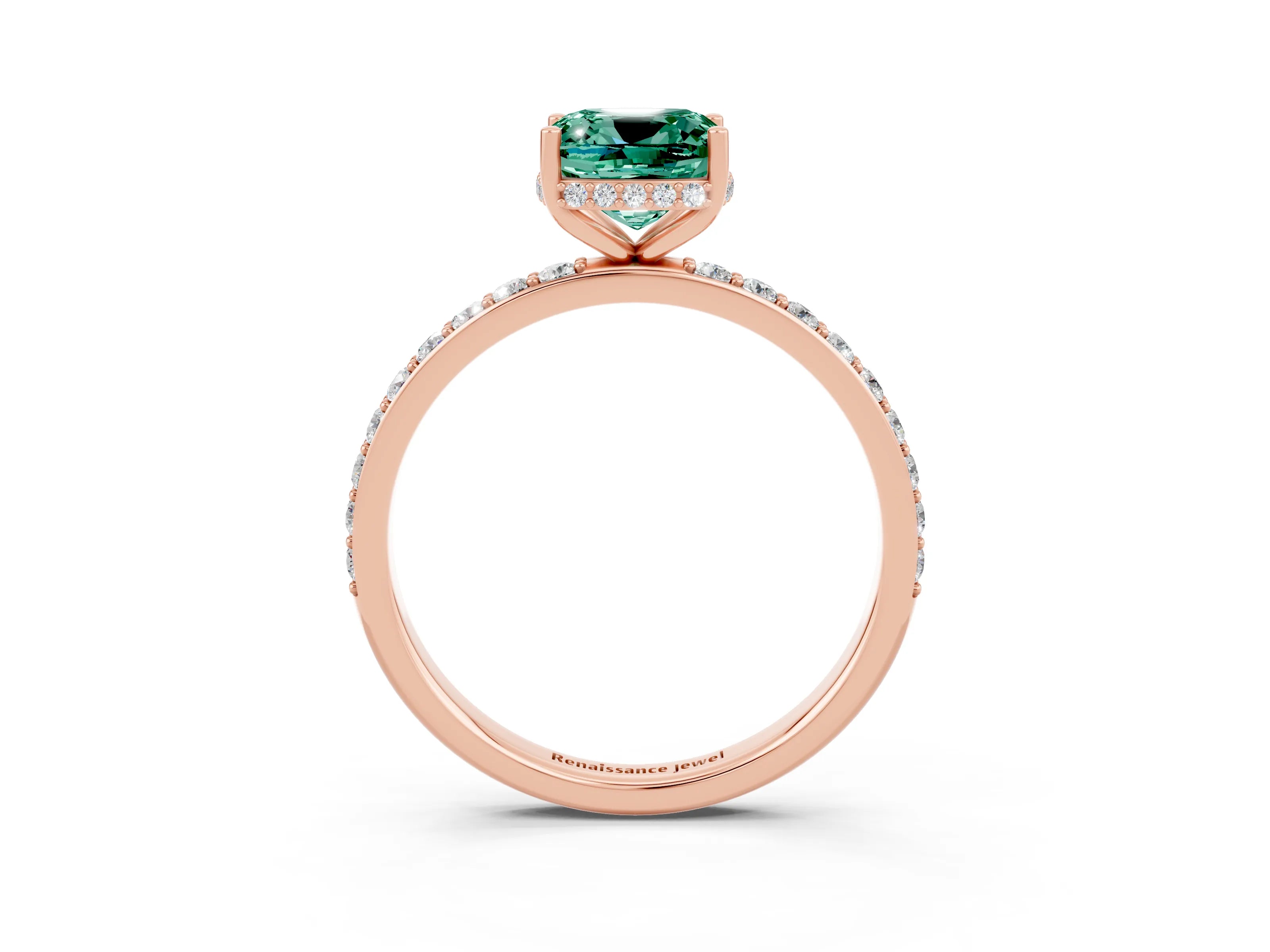 Rose gold Cushion Cut Green Sapphire Solitaire Ring with Pavé Band and Hidden Halo_15