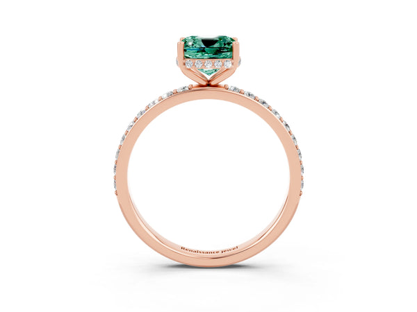 Rose gold Cushion Cut Green Sapphire Solitaire Ring with Pavé Band and Hidden Halo
