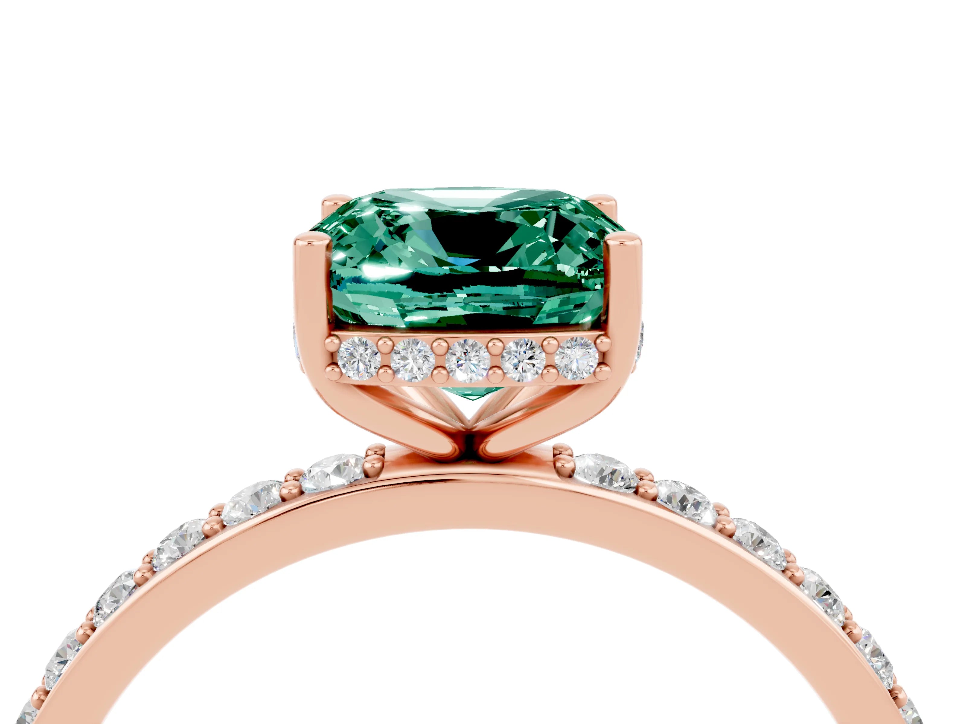 Rose gold Cushion Cut Green Sapphire Solitaire Ring with Pavé Band and Hidden Halo_16