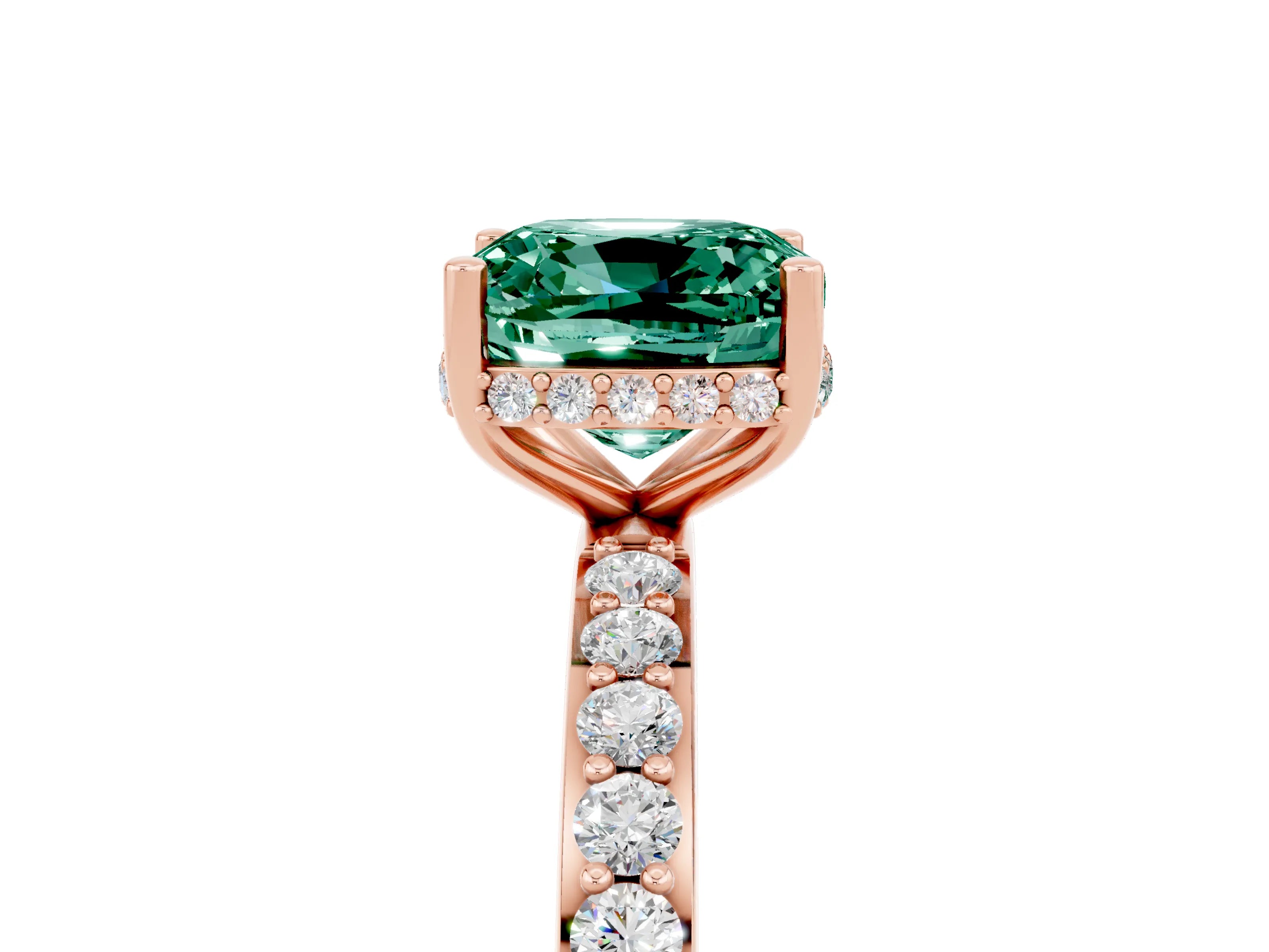 Rose gold Cushion Cut Green Sapphire Solitaire Ring with Pavé Band and Hidden Halo_17