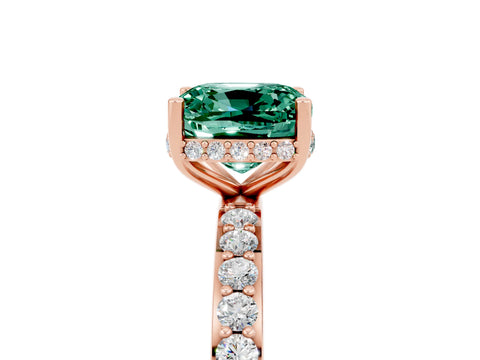 Rose gold Cushion Cut Green Sapphire Solitaire Ring with Pavé Band and Hidden Halo_17