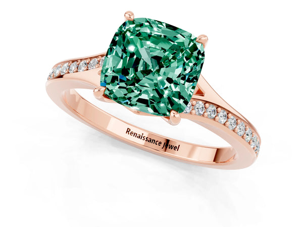 Rose gold Cushion Cut Green Sapphire Solitaire Ring with Pavé Band and Prong Setting