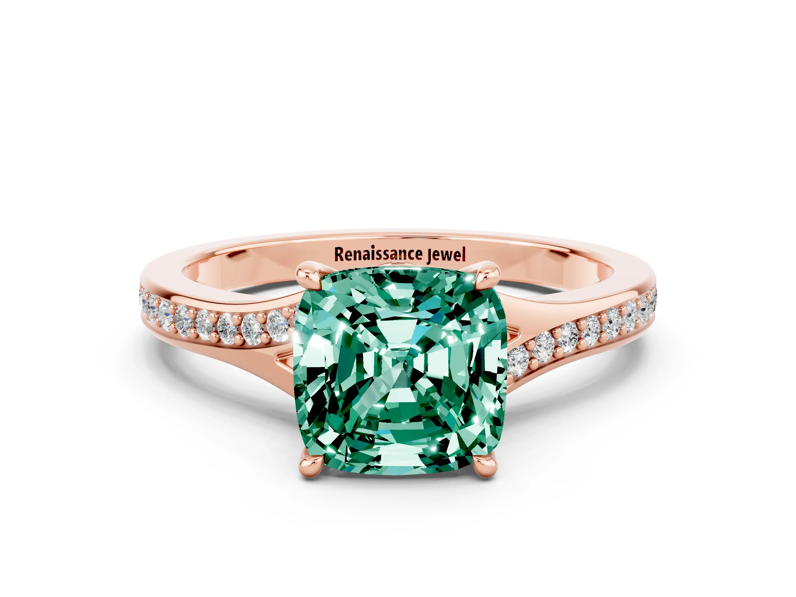 Rose gold Cushion Cut Green Sapphire Solitaire Ring with Pavé Band and Prong Setting_12