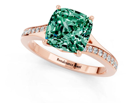 Rose gold Cushion Cut Green Sapphire Solitaire Ring with Pavé Band and Prong Setting_13