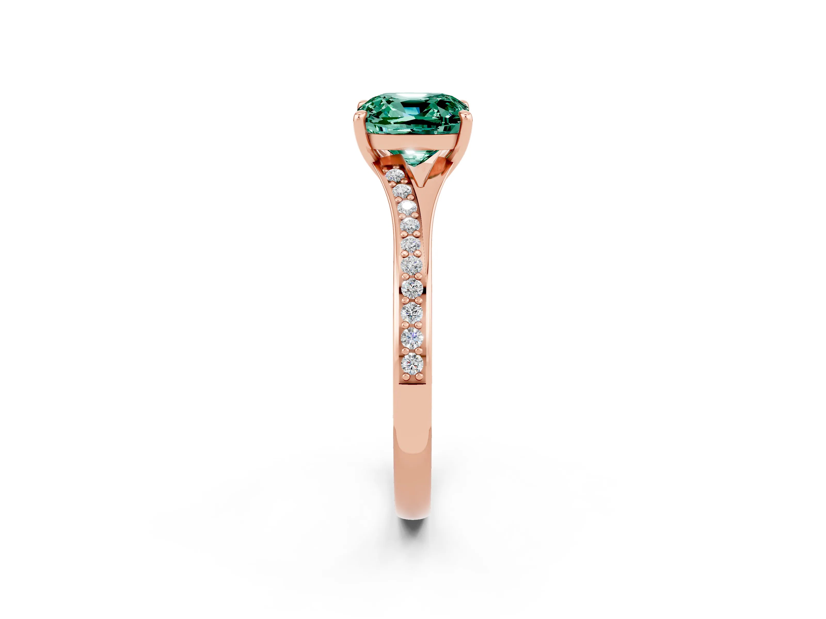 Rose gold Cushion Cut Green Sapphire Solitaire Ring with Pavé Band and Prong Setting_14