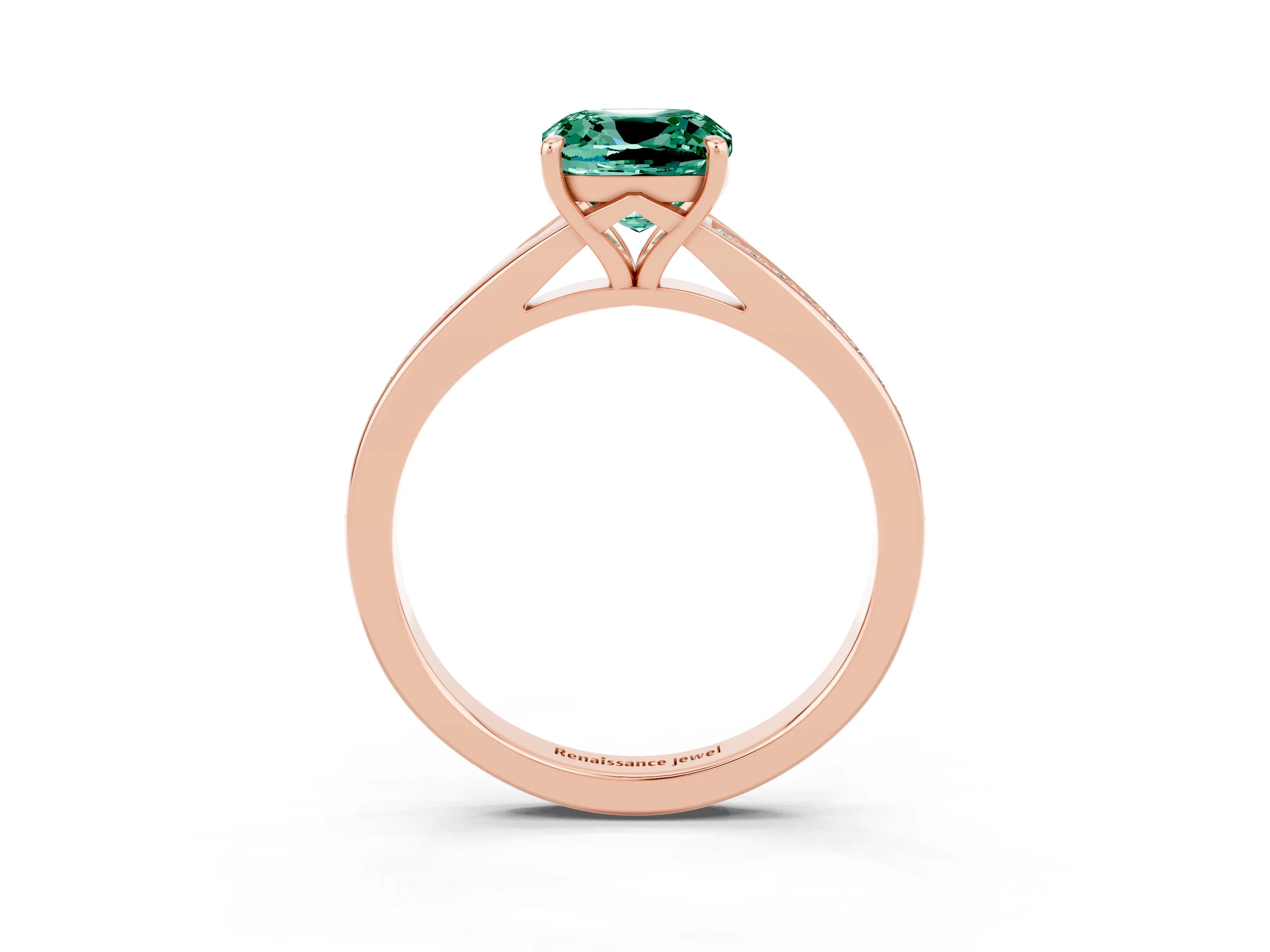Rose gold Cushion Cut Green Sapphire Solitaire Ring with Pavé Band and Prong Setting_15
