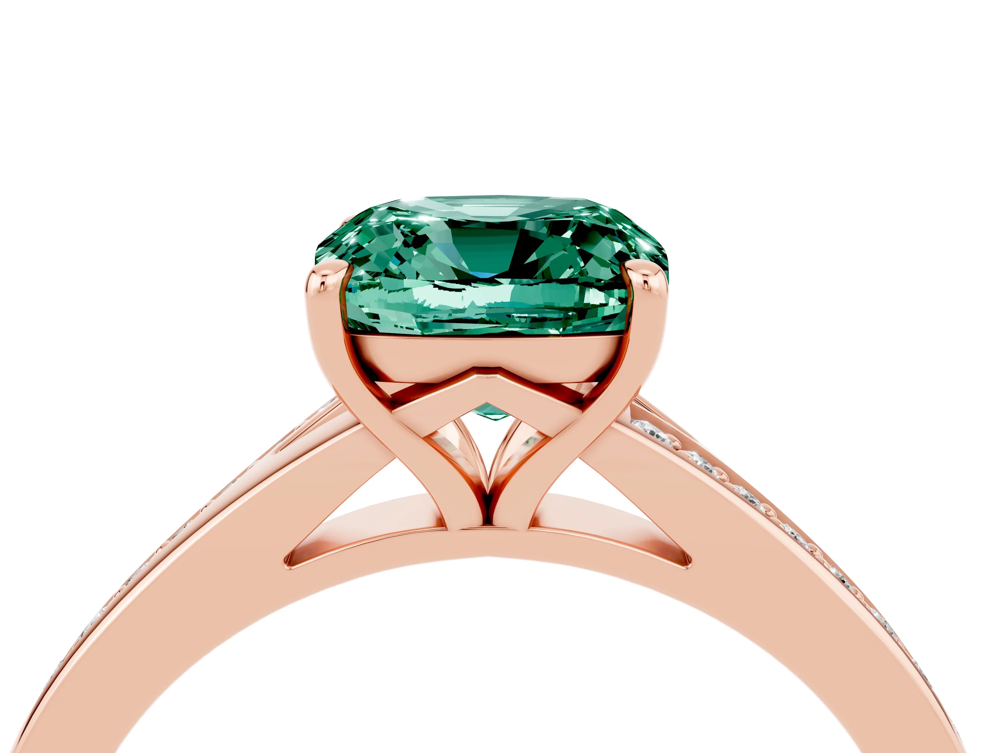 Rose gold Cushion Cut Green Sapphire Solitaire Ring with Pavé Band and Prong Setting_16