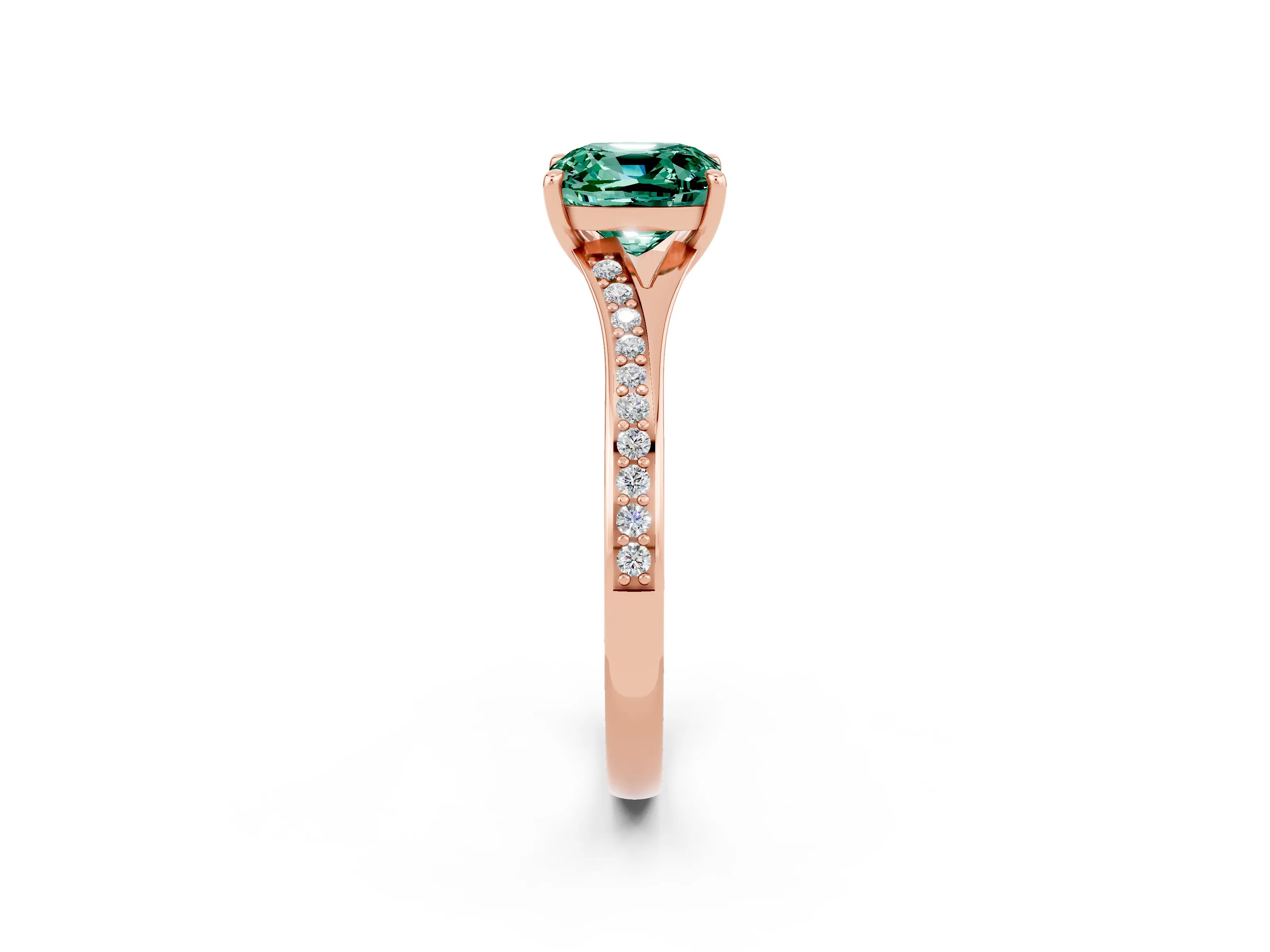 Rose gold Cushion Cut Green Sapphire Solitaire Ring with Pavé Band and Prong Setting_2