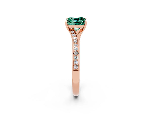Rose gold Cushion Cut Green Sapphire Solitaire Ring with Pavé Band and Prong Setting
