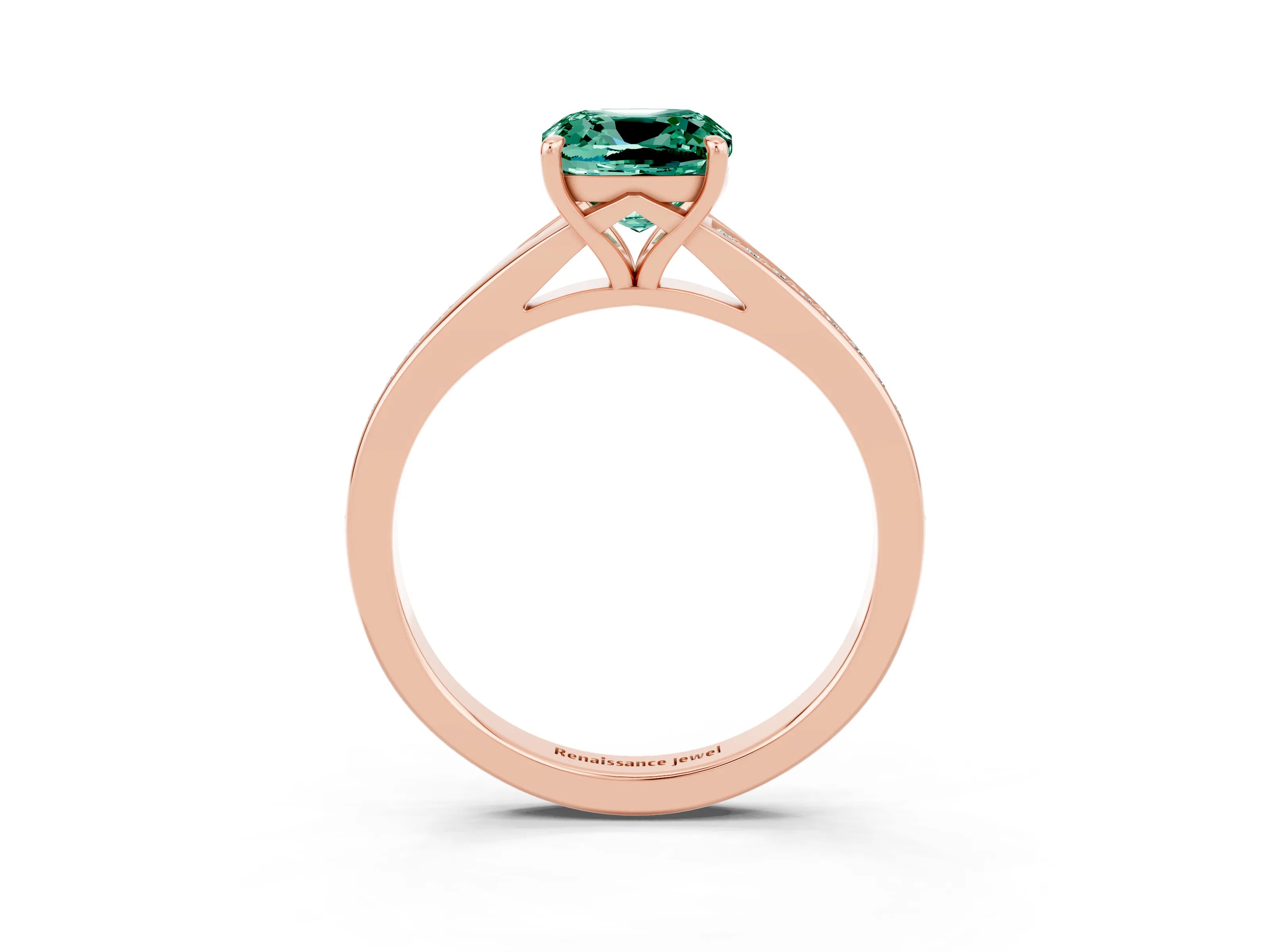 Rose gold Cushion Cut Green Sapphire Solitaire Ring with Pavé Band and Prong Setting_3