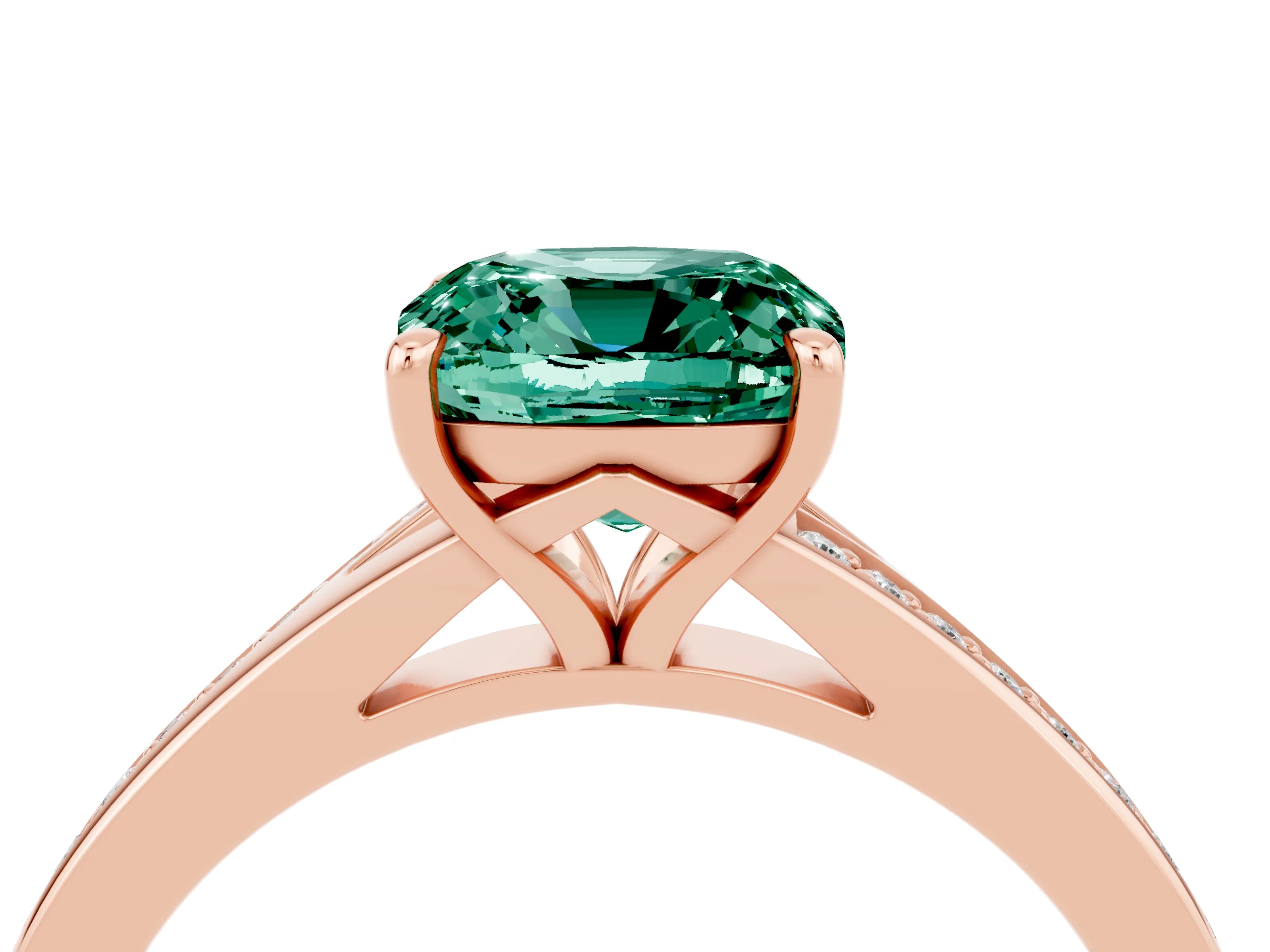 Rose gold Cushion Cut Green Sapphire Solitaire Ring with Pavé Band and Prong Setting_4